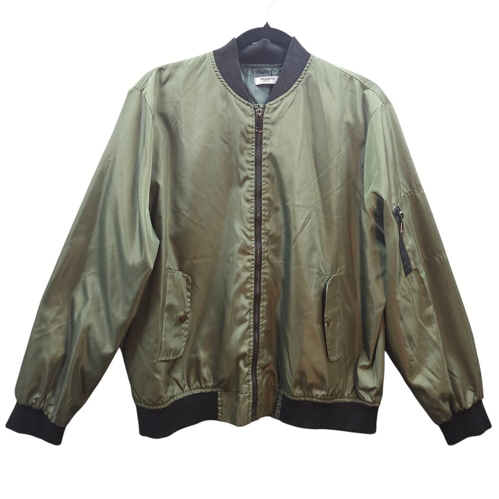 Zeagoo Womens Bomber Jacket Green Black Color Block Full Zip Pockets XL